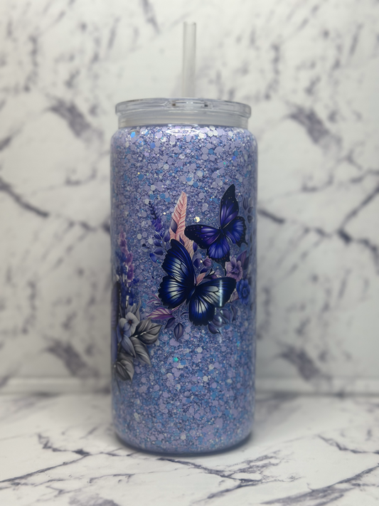 Pre-made 20oz Glass Snow Globe - Purple Butterflies